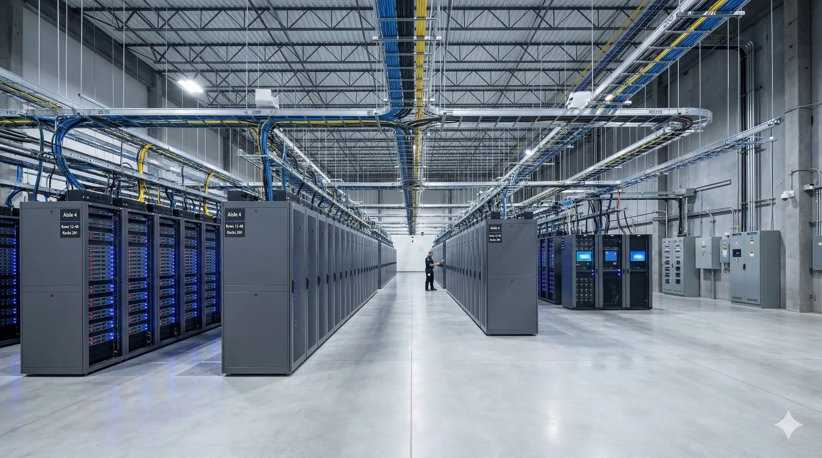 Data center hall with rows of server cabinets