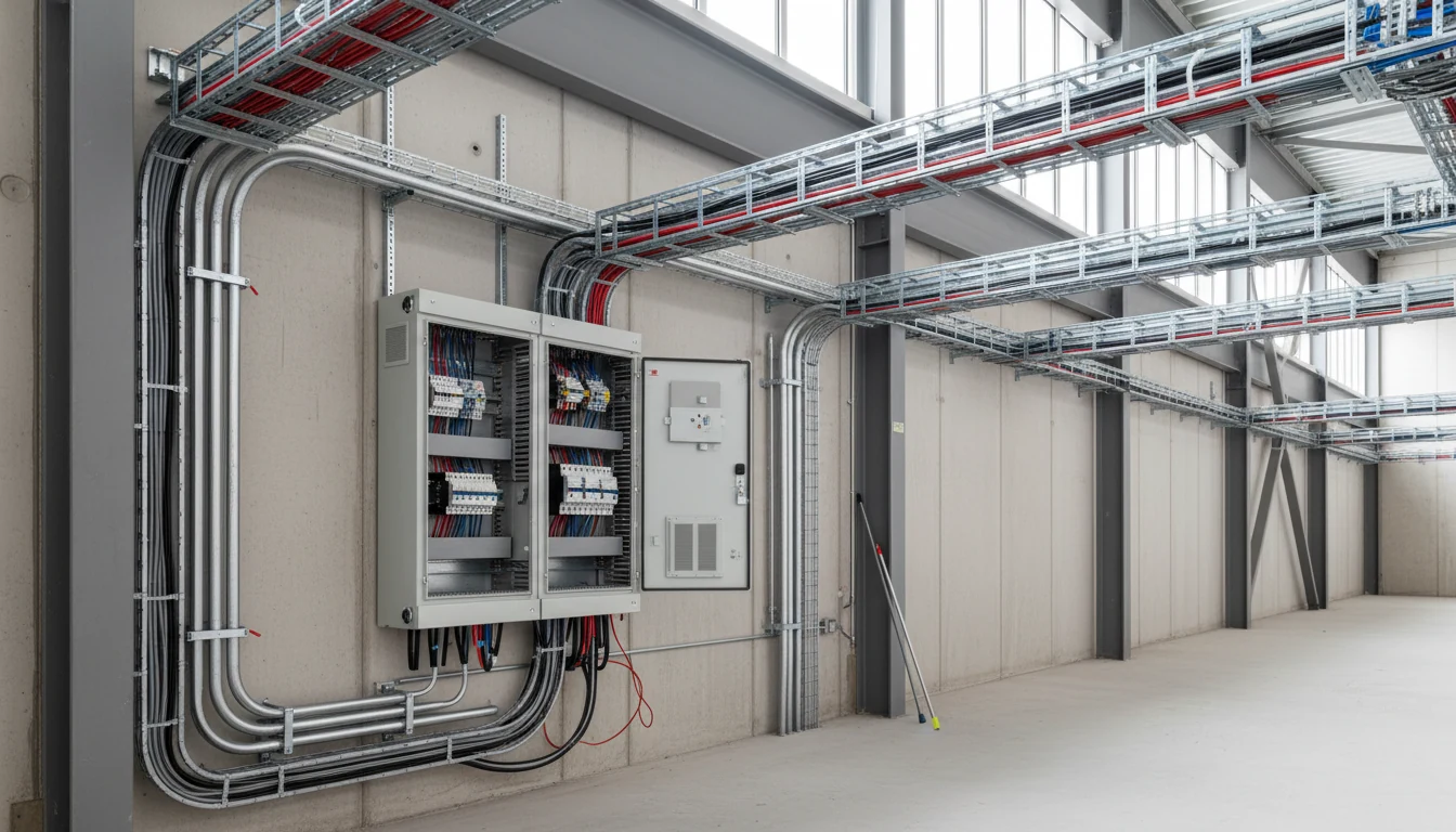 Professional electrical installation with cable trays and distribution boards in a commercial property