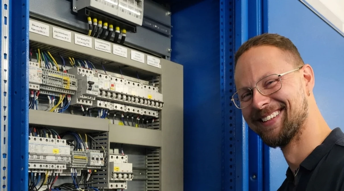 Smiling man with glasses in front of an open control cabinet