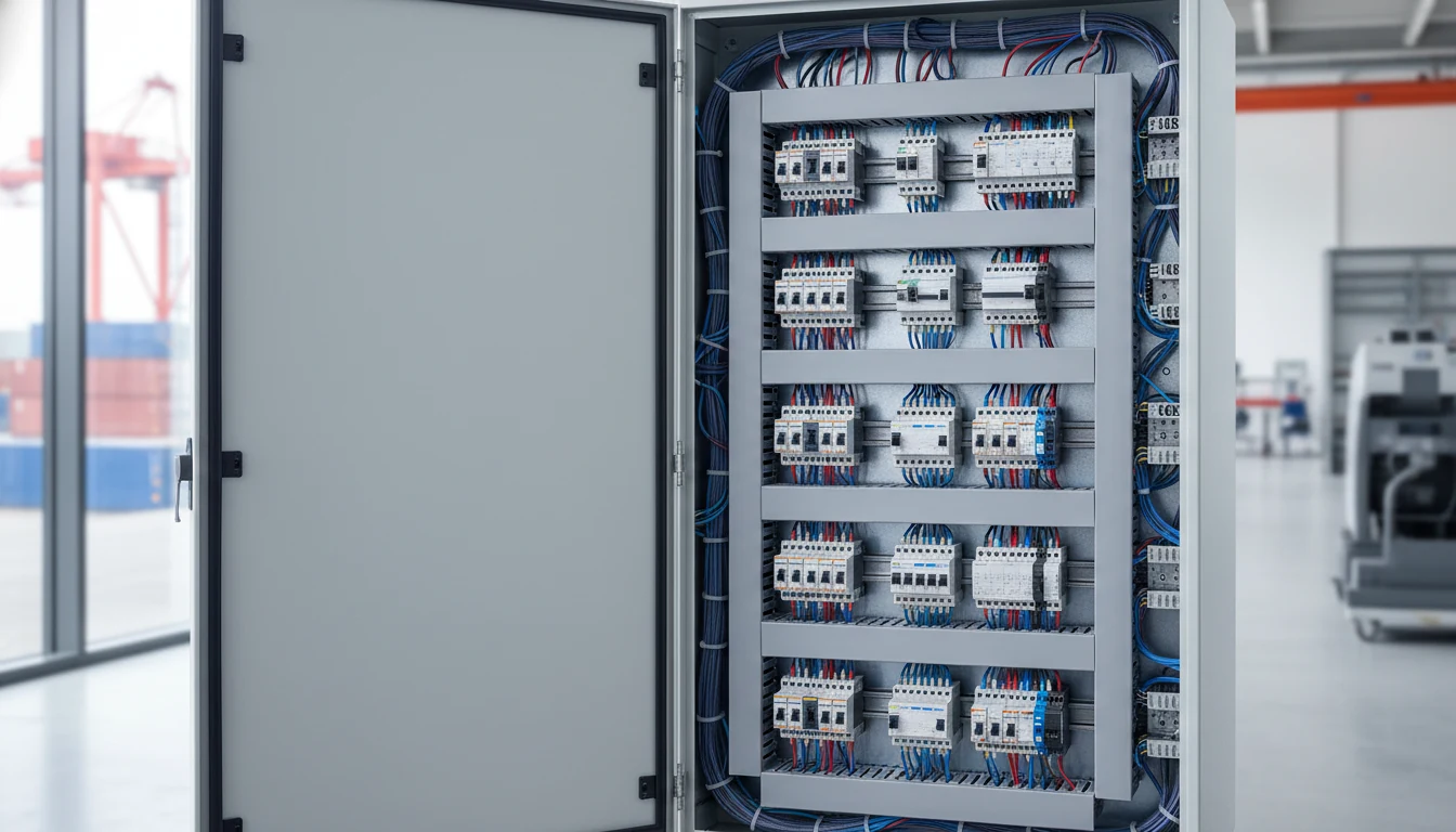 Newly built industrial control cabinet with neatly wired circuit breakers and contactors