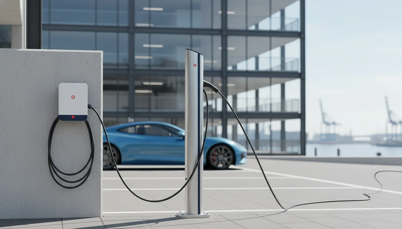 Infraestructura de carga moderna con Wallbox y punto de carga para movilidad eléctrica en el emplazamiento comercial