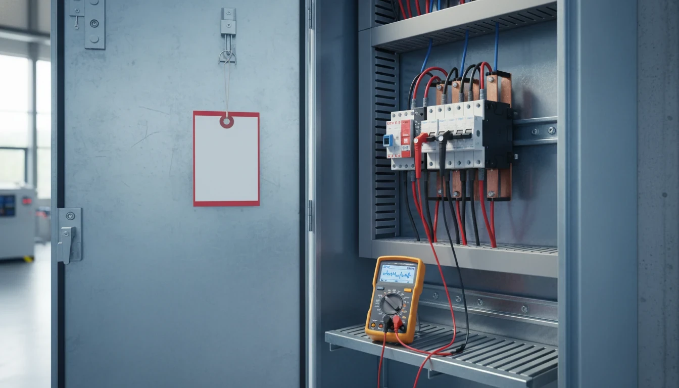 E-Check an einer Elektroverteilung mit Multimeter, Prüfspitzen und Prüfanhänger