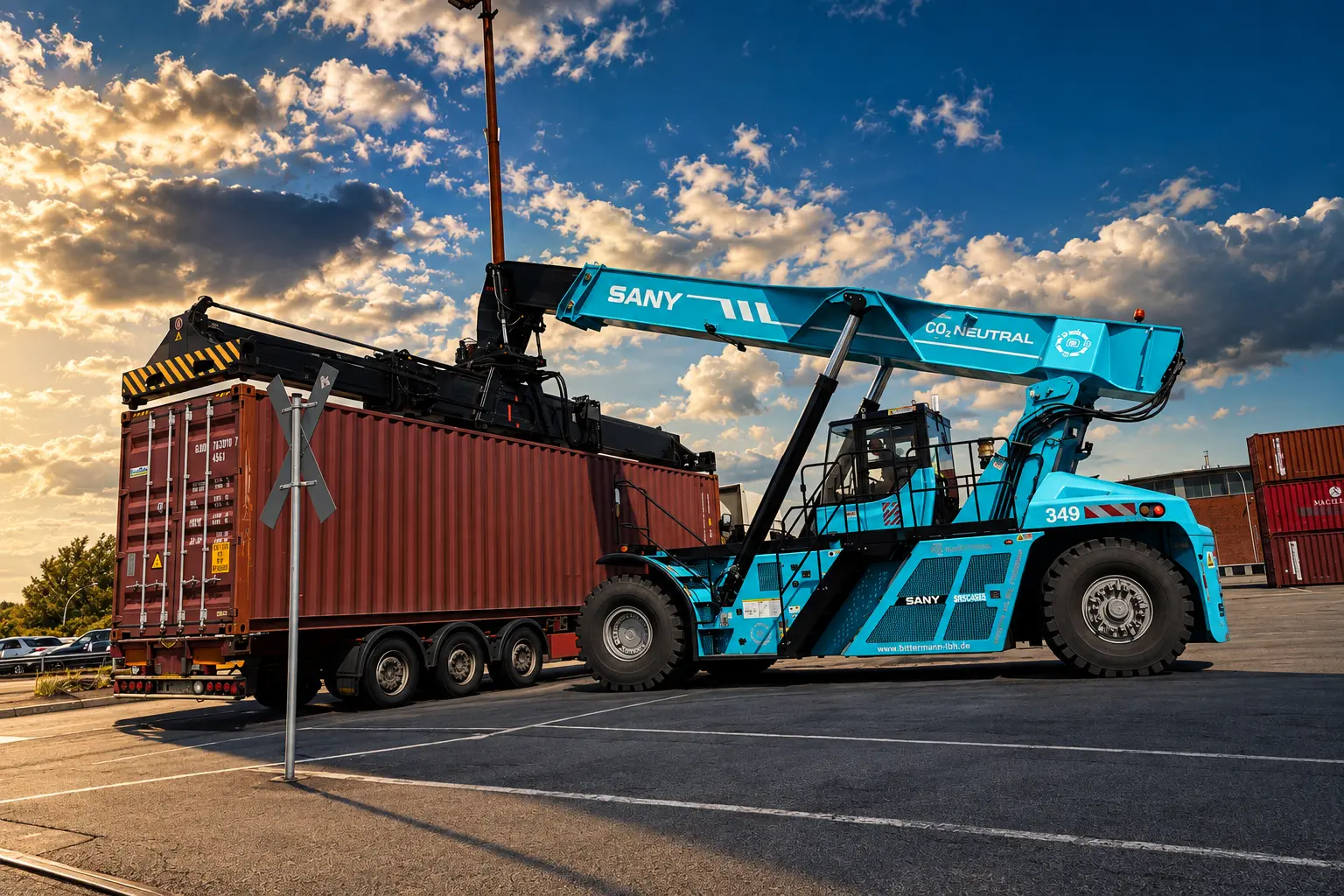 Reachstacker SANY turquesa con un contenedor rojo con la luz del atardecer